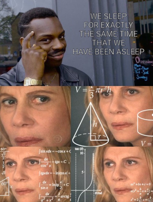 Makes sense | WE SLEEP FOR EXACTLY THE SAME TIME THAT WE HAVE BEEN ASLEEP | image tagged in memes,roll safe think about it,calculating meme | made w/ Imgflip meme maker