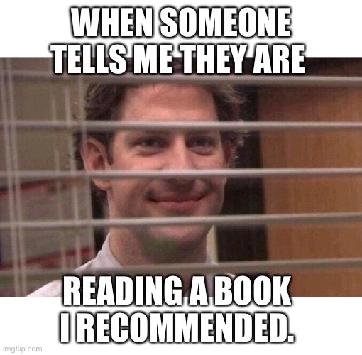 Jim Office Blinds | WHEN SOMEONE TELLS ME THEY ARE; READING A BOOK I RECOMMENDED. | image tagged in jim office blinds | made w/ Imgflip meme maker