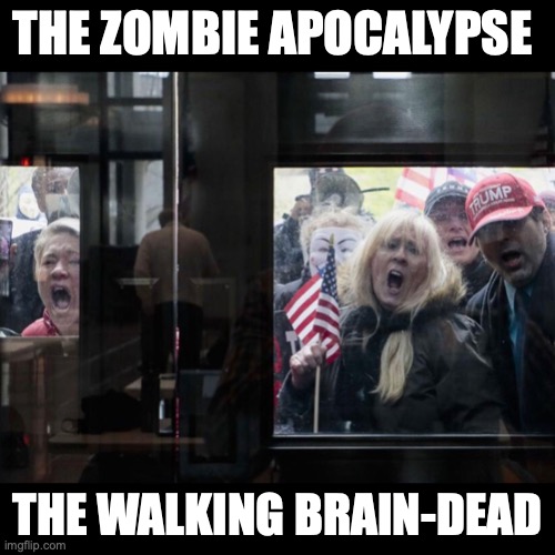 Trump Michigan Protesters | THE ZOMBIE APOCALYPSE; THE WALKING BRAIN-DEAD | image tagged in trump michigan protesters | made w/ Imgflip meme maker