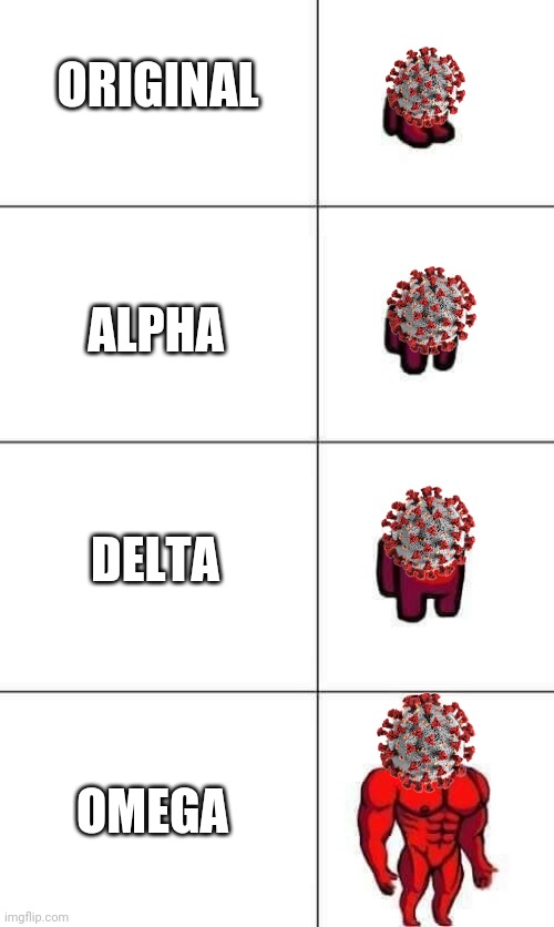 COVID-19 will not end until 2023... | ORIGINAL; ALPHA; DELTA; OMEGA | image tagged in increasingly buff red crewmate,coronavirus,covid-19,variants,funny,memes | made w/ Imgflip meme maker