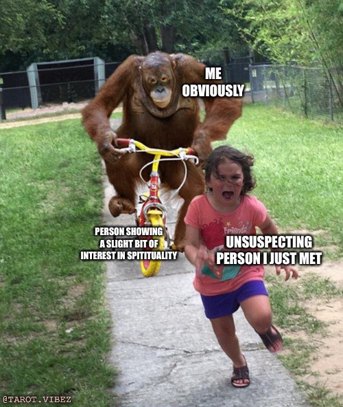 Spirit monkey | ME OBVIOUSLY; PERSON SHOWING A SLIGHT BIT OF INTEREST IN SPITITUALITY; UNSUSPECTING PERSON I JUST MET; @TAROT.VIBEZ | image tagged in orangutan chasing girl on a tricycle,monkey,spiritual | made w/ Imgflip meme maker
