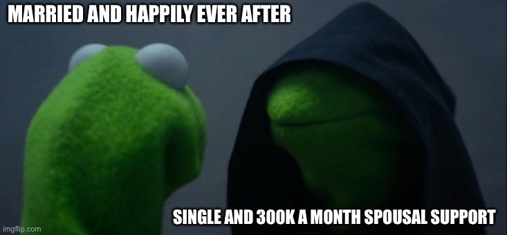 Dr Dre divorce | MARRIED AND HAPPILY EVER AFTER; SINGLE AND 300K A MONTH SPOUSAL SUPPORT | image tagged in memes,evil kermit,drdre,divorce,female | made w/ Imgflip meme maker