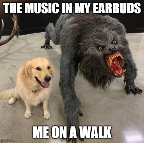 Dog vs Werewolf | THE MUSIC IN MY EARBUDS; ME ON A WALK | image tagged in dog vs werewolf | made w/ Imgflip meme maker