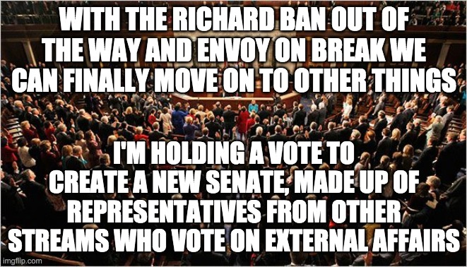 A supermajority of 10 votes is required for this to pass. | WITH THE RICHARD BAN OUT OF THE WAY AND ENVOY ON BREAK WE CAN FINALLY MOVE ON TO OTHER THINGS; I'M HOLDING A VOTE TO CREATE A NEW SENATE, MADE UP OF REPRESENTATIVES FROM OTHER STREAMS WHO VOTE ON EXTERNAL AFFAIRS | image tagged in congress,memes,politics,senate,vote | made w/ Imgflip meme maker