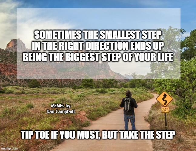 Every day is a winding road | SOMETIMES THE SMALLEST STEP IN THE RIGHT DIRECTION ENDS UP BEING THE BIGGEST STEP OF YOUR LIFE; MEMEs by Dan Campbell; TIP TOE IF YOU MUST, BUT TAKE THE STEP | image tagged in every day is a winding road | made w/ Imgflip meme maker