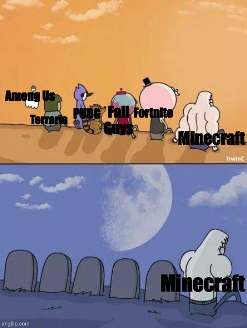 RIP | Fortnite; Fall Guys; PUBG; Among Us; Terraria; Minecraft; Minecraft | image tagged in regular show graves,rip,minecraft,dead,video games,videogames | made w/ Imgflip meme maker