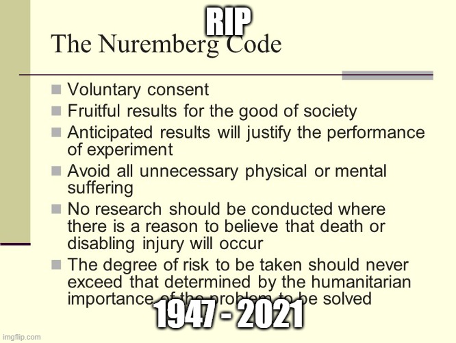 RIP - Nuremburg Codes - Dead at  74 | RIP; 1947 - 2021 | image tagged in politics,covid-19,vaccines | made w/ Imgflip meme maker