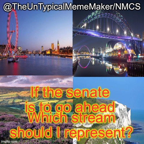 The NMCS and NASCAR Mobius are useless when it comes to this stream and The Weekly Meme is so inactive. | If the senate is to go ahead; Which stream should I represent? | image tagged in nmcs announcement template v 2 | made w/ Imgflip meme maker