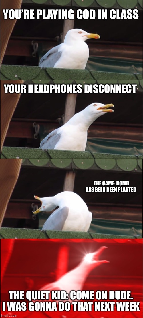 Inhaling Seagull | YOU’RE PLAYING COD IN CLASS; YOUR HEADPHONES DISCONNECT; THE GAME: BOMB HAS BEEN BEEN PLANTED; THE QUIET KID: COME ON DUDE. I WAS GONNA DO THAT NEXT WEEK | image tagged in memes,inhaling seagull | made w/ Imgflip meme maker