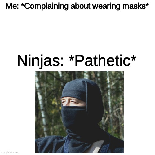 Pathetic | Me: *Complaining about wearing masks*; Ninjas: *Pathetic* | image tagged in pathetic,mask,ninja | made w/ Imgflip meme maker