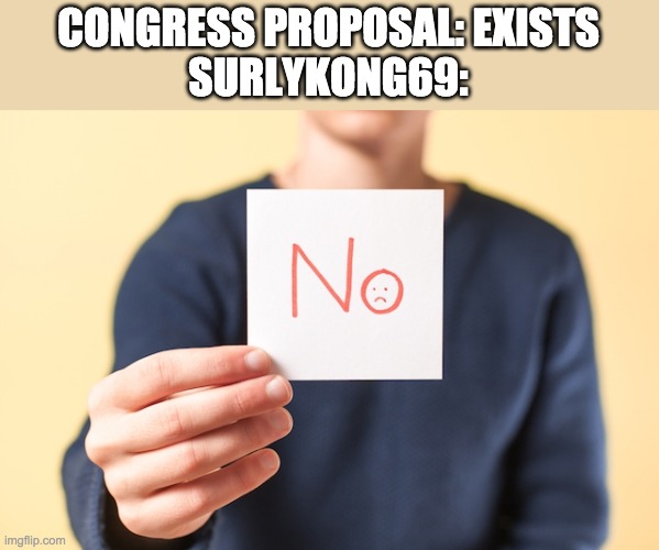 youtube.com/watch?v=lP1Xk2UcQpY | CONGRESS PROPOSAL: EXISTS
SURLYKONG69: | image tagged in no,funny,memes,politics,congress,vote | made w/ Imgflip meme maker