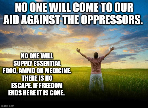 freedom lost | NO ONE WILL COME TO OUR AID AGAINST THE OPPRESSORS. NO ONE WILL SUPPLY ESSENTIAL FOOD, AMMO OR MEDICINE. THERE IS NO ESCAPE. IF FREEDOM ENDS HERE IT IS GONE. | image tagged in freedom,lost | made w/ Imgflip meme maker