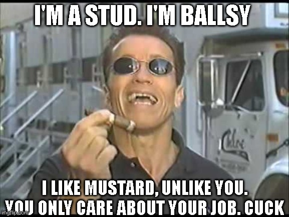 joke? or ah |  I'M A STUD. I'M BALLSY; I LIKE MUSTARD, UNLIKE YOU. YOU ONLY CARE ABOUT YOUR JOB. CUCK | made w/ Imgflip meme maker