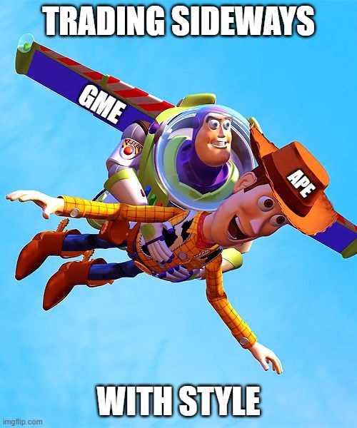 Buzz and Woody | TRADING SIDEWAYS; GME; APE; WITH STYLE | image tagged in buzz and woody,GMEJungle | made w/ Imgflip meme maker