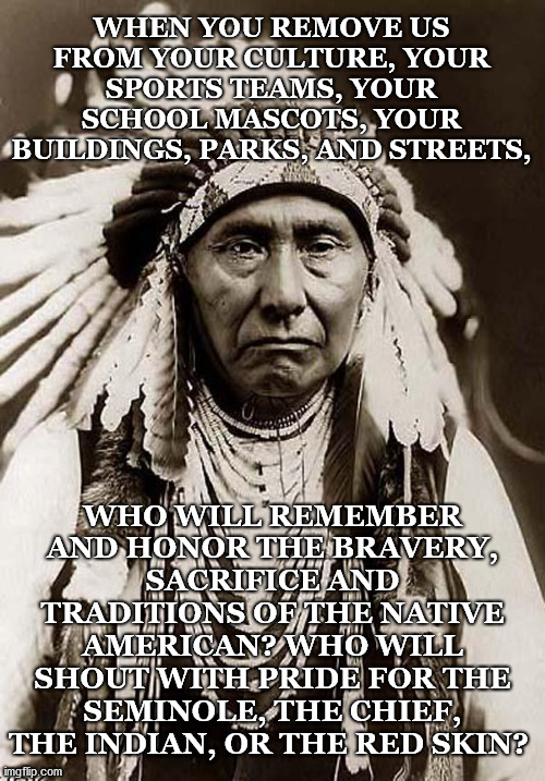 Erasing culture from our culture with the best of intentions... | WHEN YOU REMOVE US FROM YOUR CULTURE, YOUR SPORTS TEAMS, YOUR SCHOOL MASCOTS, YOUR BUILDINGS, PARKS, AND STREETS, WHO WILL REMEMBER AND HONOR THE BRAVERY, SACRIFICE AND TRADITIONS OF THE NATIVE AMERICAN? WHO WILL SHOUT WITH PRIDE FOR THE SEMINOLE, THE CHIEF, THE INDIAN, OR THE RED SKIN? | image tagged in indian chief,erasing,cancel culture,woke,native american,pride | made w/ Imgflip meme maker