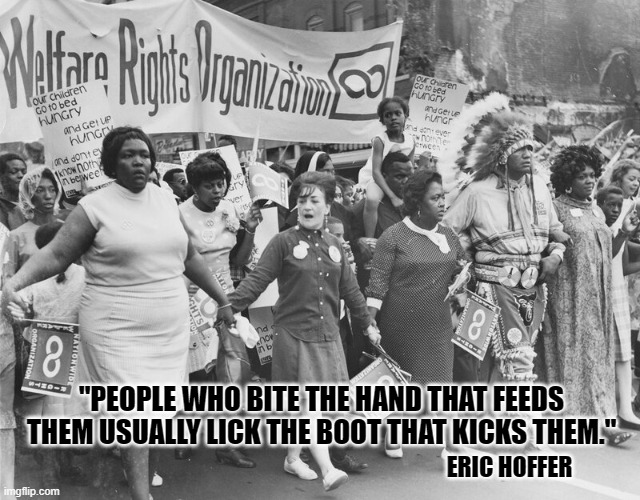 "PEOPLE WHO BITE THE HAND THAT FEEDS THEM USUALLY LICK THE BOOT THAT KICKS THEM." ERIC HOFFER | made w/ Imgflip meme maker