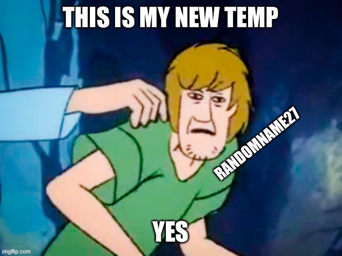 M | THIS IS MY NEW TEMP; RANDOMNAME27; YES | made w/ Imgflip meme maker