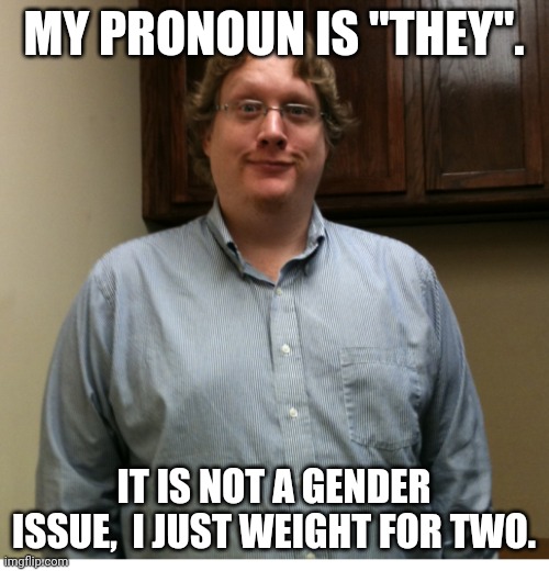 "They" is worth 2 | MY PRONOUN IS "THEY". IT IS NOT A GENDER ISSUE,  I JUST WEIGHT FOR TWO. | image tagged in obesity,lgbtq,progressive,trump supporter,transgender bathroom,gender confusion | made w/ Imgflip meme maker