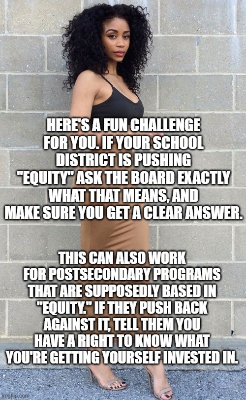 No joke, I've asked about this, and got some roundabout about the complexities of the words "equity" and "racism." | HERE'S A FUN CHALLENGE FOR YOU. IF YOUR SCHOOL DISTRICT IS PUSHING "EQUITY" ASK THE BOARD EXACTLY WHAT THAT MEANS, AND MAKE SURE YOU GET A CLEAR ANSWER. THIS CAN ALSO WORK FOR POSTSECONDARY PROGRAMS THAT ARE SUPPOSEDLY BASED IN "EQUITY." IF THEY PUSH BACK AGAINST IT, TELL THEM YOU HAVE A RIGHT TO KNOW WHAT YOU'RE GETTING YOURSELF INVESTED IN. | image tagged in question education | made w/ Imgflip meme maker