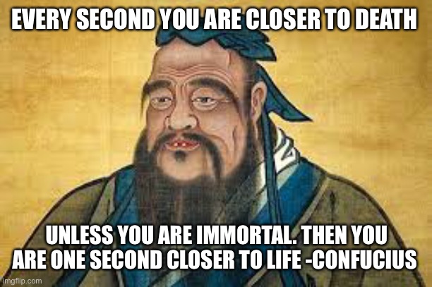 Deep thinking. | EVERY SECOND YOU ARE CLOSER TO DEATH; UNLESS YOU ARE IMMORTAL. THEN YOU ARE ONE SECOND CLOSER TO LIFE -CONFUCIUS | image tagged in confucius | made w/ Imgflip meme maker