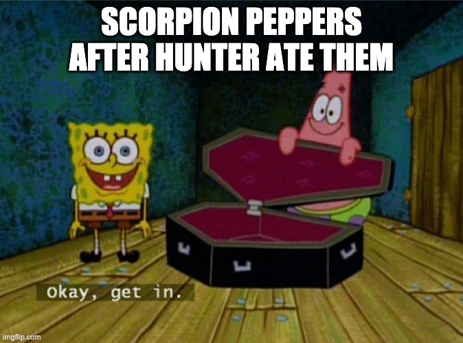 Spongebob Coffin | SCORPION PEPPERS AFTER HUNTER ATE THEM | image tagged in spongebob coffin | made w/ Imgflip meme maker