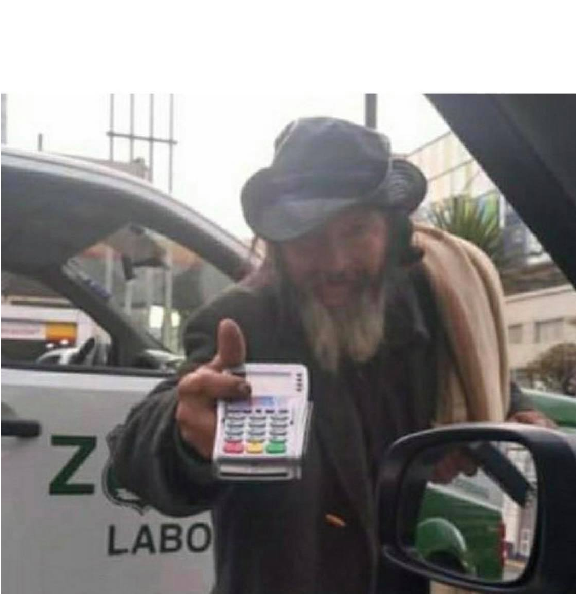 Homeless man with card reader Blank Meme Template