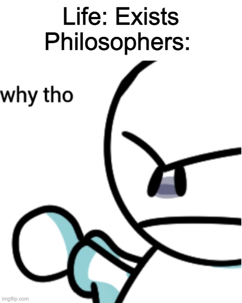 Bob why tho | Life: Exists
Philosophers: | image tagged in bob why tho | made w/ Imgflip meme maker