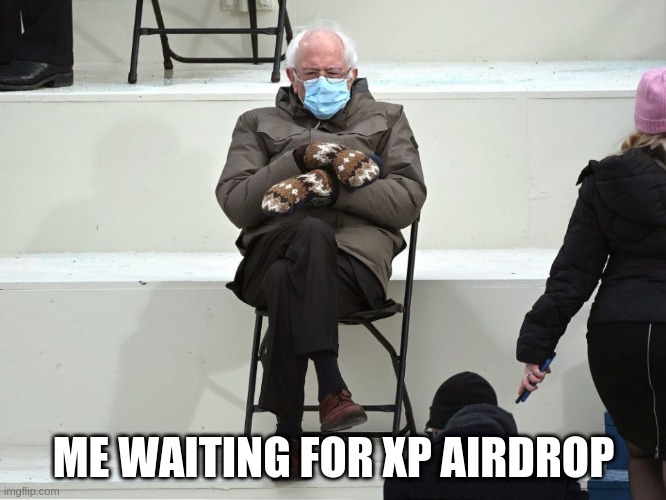 Aavegotchi: wating for airdrop | ME WAITING FOR XP AIRDROP | image tagged in bernie sanders mittens | made w/ Imgflip meme maker