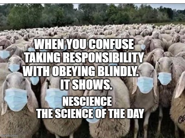 Sign of the Sheeple | WHEN YOU CONFUSE TAKING RESPONSIBILITY WITH OBEYING BLINDLY.   
    IT SHOWS. NESCIENCE    THE SCIENCE OF THE DAY | image tagged in sign of the sheeple | made w/ Imgflip meme maker