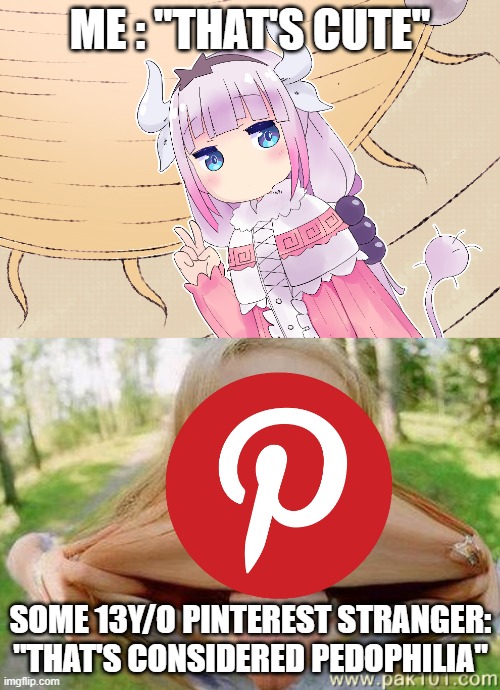 Another day on pinterest. | ME : "THAT'S CUTE"; SOME 13Y/O PINTEREST STRANGER: "THAT'S CONSIDERED PEDOPHILIA" | image tagged in anime,miss kobayashi's dragon maid,kanna,pinterest | made w/ Imgflip meme maker