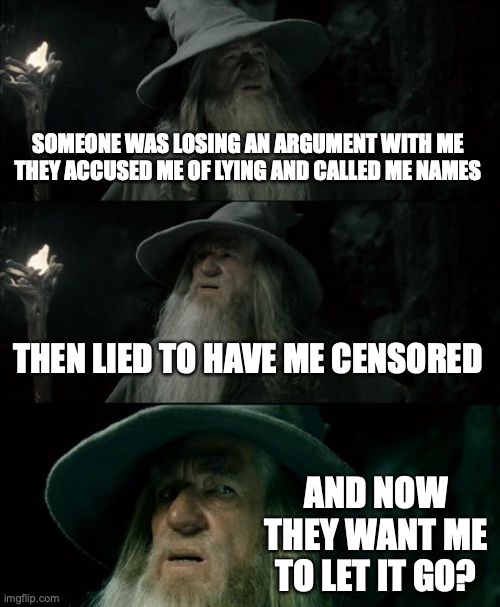 Confused Gandalf | SOMEONE WAS LOSING AN ARGUMENT WITH ME THEY ACCUSED ME OF LYING AND CALLED ME NAMES; THEN LIED TO HAVE ME CENSORED; AND NOW THEY WANT ME TO LET IT GO? | image tagged in memes,confused gandalf | made w/ Imgflip meme maker