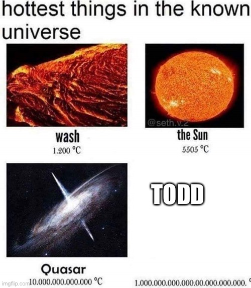 hottest things in the known universe | TODD | image tagged in hottest things in the known universe | made w/ Imgflip meme maker