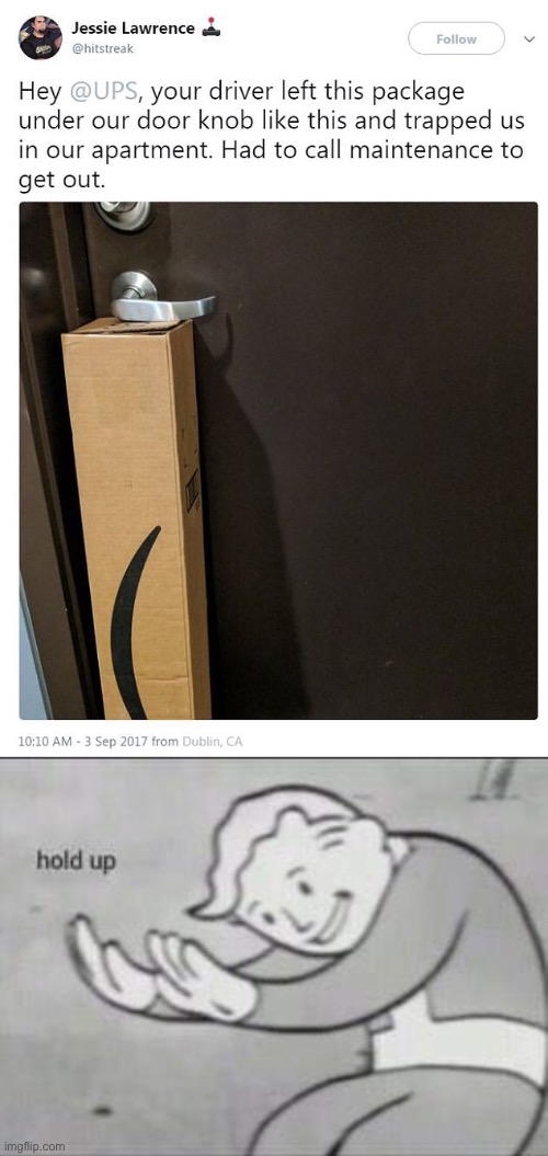 UPS had one job | image tagged in fallout hold up | made w/ Imgflip meme maker