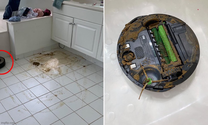 The room a spread poo everywhere | image tagged in poop,roomba,having a bad day | made w/ Imgflip meme maker