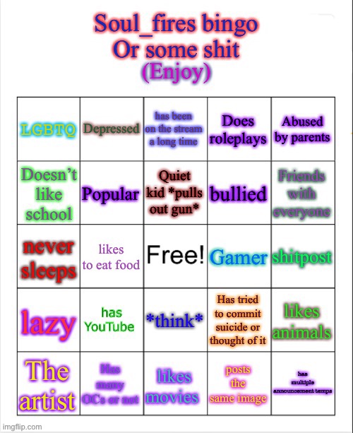 Soul_fires bingo | image tagged in e | made w/ Imgflip meme maker