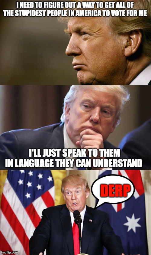 I NEED TO FIGURE OUT A WAY TO GET ALL OF THE STUPIDEST PEOPLE IN AMERICA TO VOTE FOR ME; I'LL JUST SPEAK TO THEM IN LANGUAGE THEY CAN UNDERSTAND; DERP | image tagged in trump thinking,trump thinking alabama prostitutes,trump | made w/ Imgflip meme maker