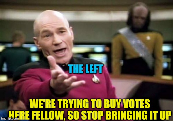 Picard Wtf Meme | THE LEFT WE'RE TRYING TO BUY VOTES HERE FELLOW, SO STOP BRINGING IT UP | image tagged in memes,picard wtf | made w/ Imgflip meme maker