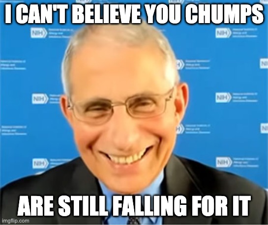 I can't believe you're still falling for it | I CAN'T BELIEVE YOU CHUMPS; ARE STILL FALLING FOR IT | image tagged in dr fauci,fauci,covid | made w/ Imgflip meme maker