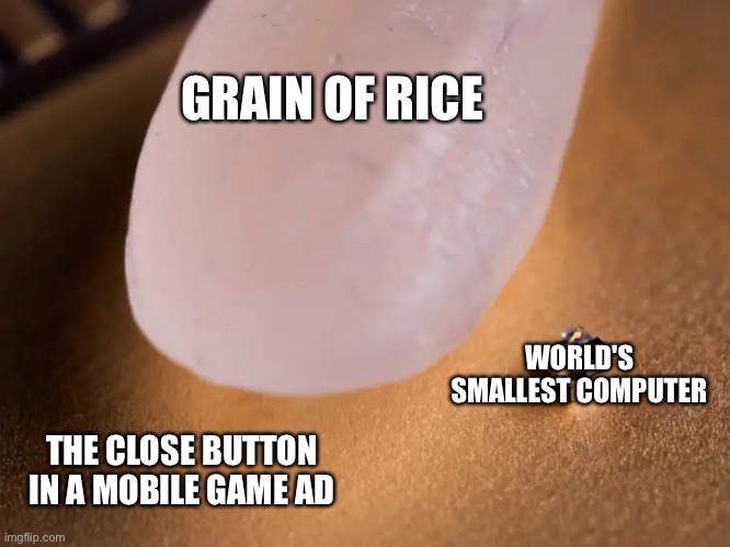 worlds smallest computer | GRAIN OF RICE; WORLD'S SMALLEST COMPUTER; THE CLOSE BUTTON IN A MOBILE GAME AD | image tagged in worlds smallest computer | made w/ Imgflip meme maker