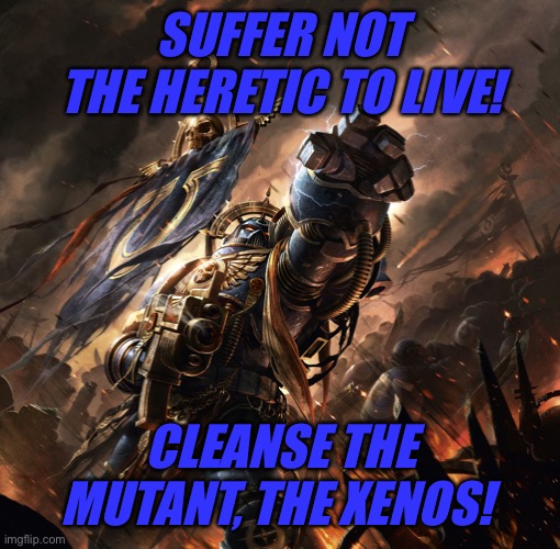 Space Marine | SUFFER NOT THE HERETIC TO LIVE! CLEANSE THE MUTANT, THE XENOS! | image tagged in space marine | made w/ Imgflip meme maker