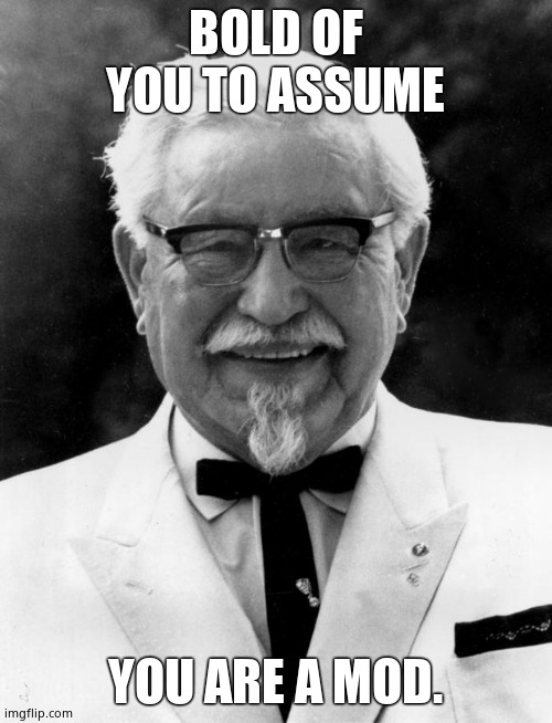 KFC Colonel Sanders | BOLD OF YOU TO ASSUME YOU ARE A MOD. | image tagged in kfc colonel sanders | made w/ Imgflip meme maker