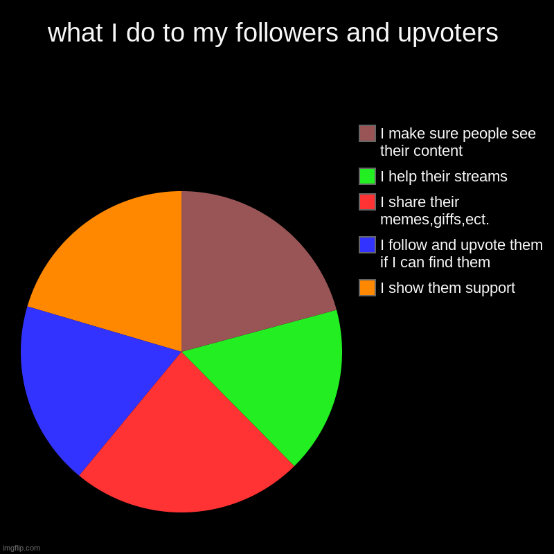 what I do to my followers and upvoters | I show them support, I follow and upvote them if I can find them, I share their memes,giffs,ect., I | image tagged in charts,pie charts | made w/ Imgflip chart maker