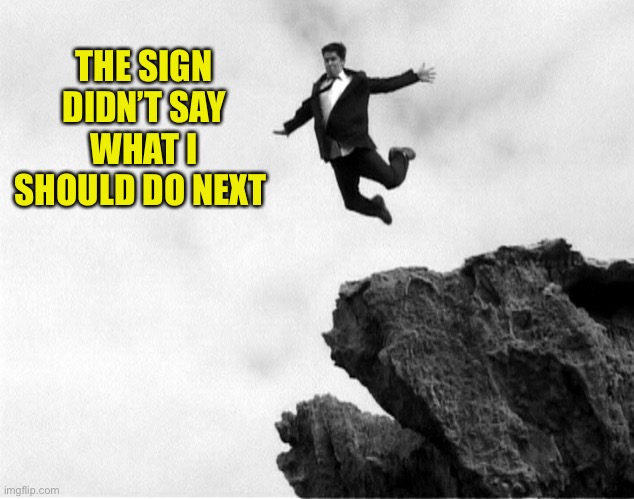 Man Jumping Off a Cliff | THE SIGN DIDN’T SAY WHAT I SHOULD DO NEXT | image tagged in man jumping off a cliff | made w/ Imgflip meme maker