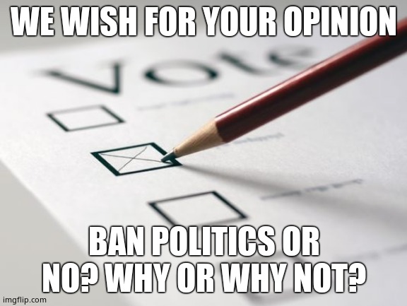 Voting Ballot | WE WISH FOR YOUR OPINION; BAN POLITICS OR NO? WHY OR WHY NOT? | image tagged in voting ballot | made w/ Imgflip meme maker