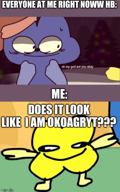 DONt' you EVen reply yoU  KNOW WHO YOU ARE | EVERYONE AT ME RIGHT NOWW HB:; ME:; DOES IT LOOK LIKE  I AM OKOAGRYT??? | image tagged in oh my god are you okay four | made w/ Imgflip meme maker