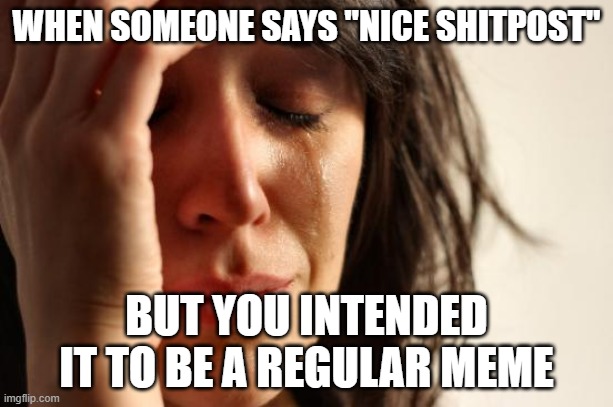 First World Problems | WHEN SOMEONE SAYS "NICE SHITPOST"; BUT YOU INTENDED IT TO BE A REGULAR MEME | image tagged in memes,first world problems | made w/ Imgflip meme maker