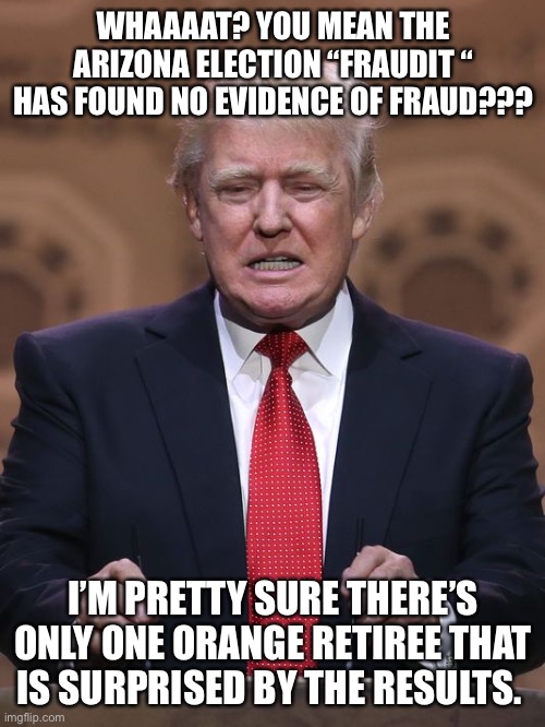 Donald Trump | WHAAAAT? YOU MEAN THE ARIZONA ELECTION “FRAUDIT “ HAS FOUND NO EVIDENCE OF FRAUD??? I’M PRETTY SURE THERE’S ONLY ONE ORANGE RETIREE THAT IS SURPRISED BY THE RESULTS. | image tagged in donald trump | made w/ Imgflip meme maker
