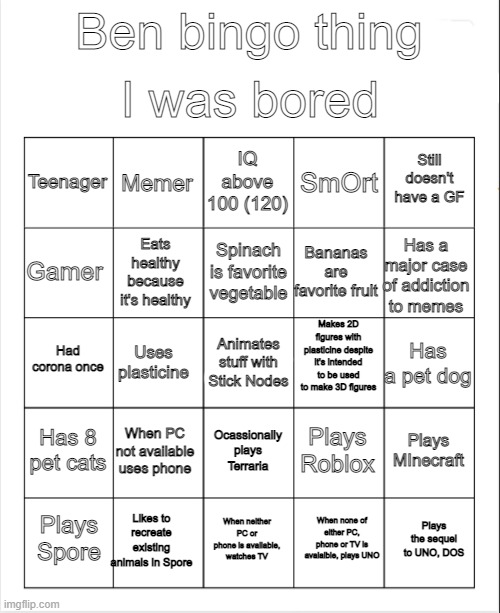 Blank Bingo | I was bored; Ben bingo thing; IQ above 100 (120); Memer; Still doesn't have a GF; Teenager; SmOrt; Spinach is favorite vegetable; Gamer; Has a major case of addiction to memes; Bananas are favorite fruit; Eats healthy because it's healthy; Makes 2D figures with plasticine despite it's intended to be used to make 3D figures; Had corona once; Has a pet dog; Uses plasticine; Animates stuff with Stick Nodes; Has 8 pet cats; When PC not available uses phone; Plays MInecraft; Plays Roblox; Ocassionally plays Terraria; Likes to recreate existing animals in Spore; Plays the sequel to UNO, DOS; Plays Spore; When neither PC or phone is available, watches TV; When none of either PC, phone or TV is avalaible, plays UNO | image tagged in blank bingo | made w/ Imgflip meme maker