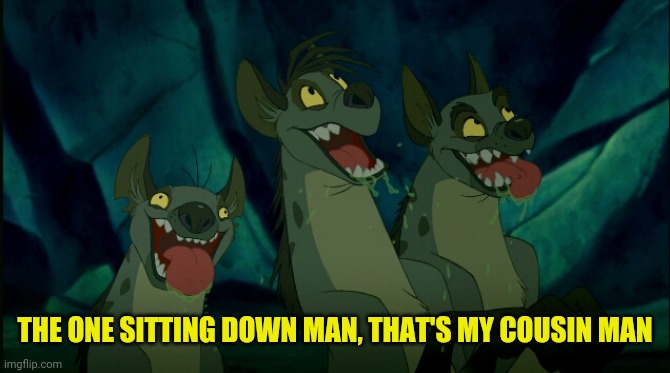 lion king hyenas | THE ONE SITTING DOWN MAN, THAT'S MY COUSIN MAN | image tagged in lion king hyenas | made w/ Imgflip meme maker