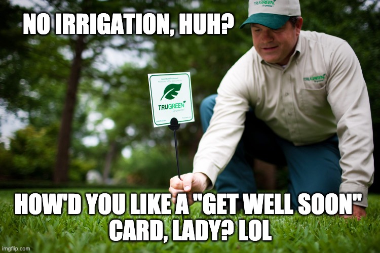 Get Well Soon | NO IRRIGATION, HUH? HOW'D YOU LIKE A "GET WELL SOON" 
CARD, LADY? LOL | image tagged in lawn,well,irrigation | made w/ Imgflip meme maker